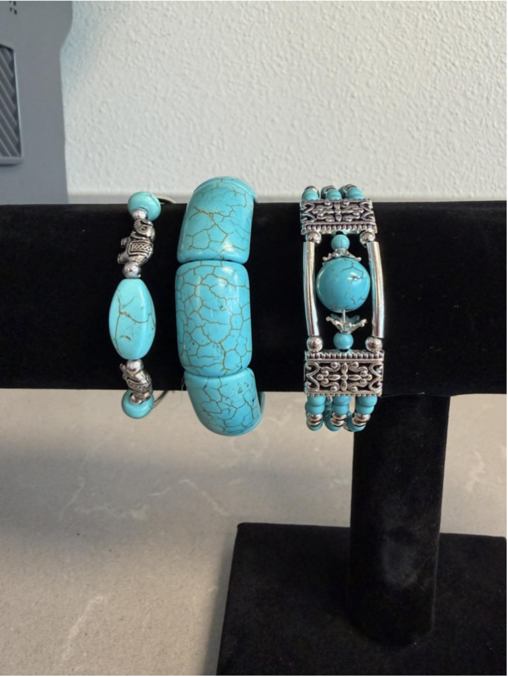 Boho Turquoise Beaded Bracelet Set X3 Chunky Statement Silver Tone Howlite Look